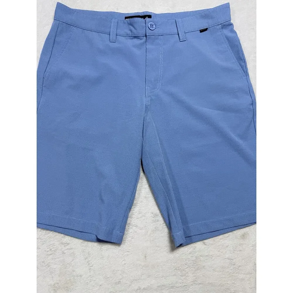 Travis Mathew Flex Shorts Mens 34 Blue Heather Golf Flat Front Athletic Logo